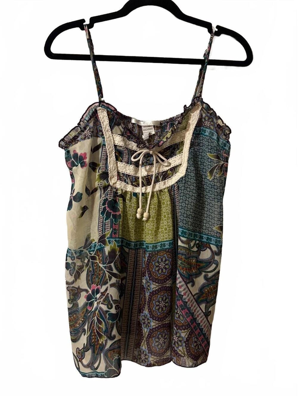 Vintage Charlotte Russe Top Boho Multicolor Patchwork Mini Tie Front Crochet
